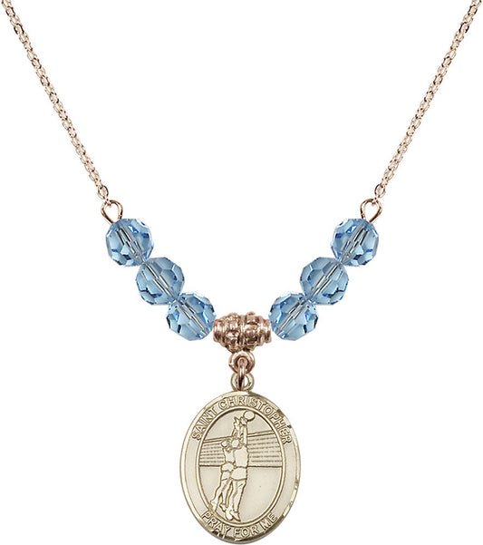 14kt Gold Filled Saint Christopher/Volleyball Birthstone Necklace with Aqua Beads - 8138