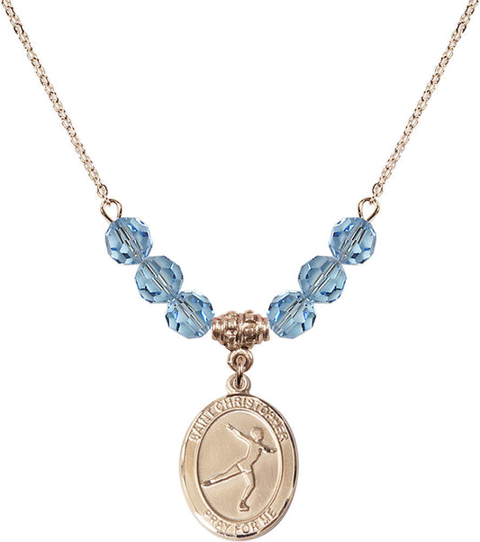 14kt Gold Filled Saint Christopher/Figure Skating Birthstone Necklace with Aqua Beads - 8139