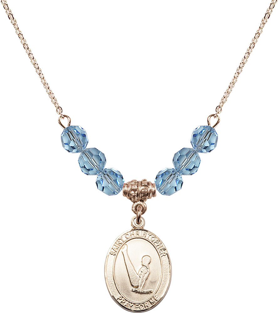 14kt Gold Filled Saint Christopher/Gymnastics Birthstone Necklace with Aqua Beads - 8142