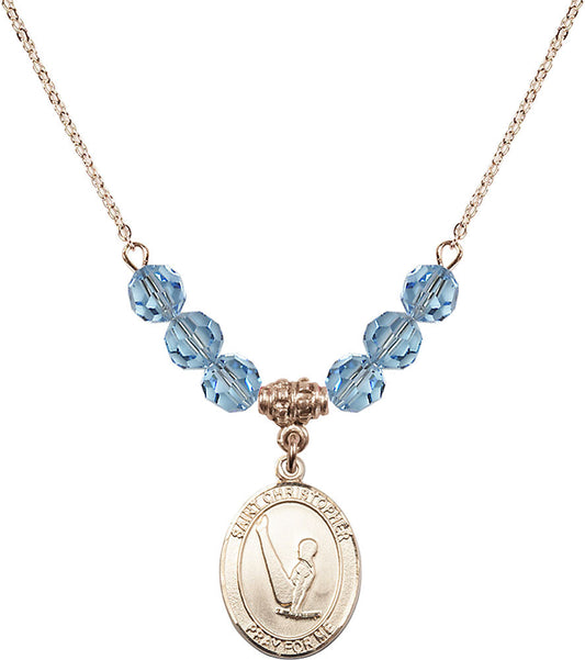 14kt Gold Filled Saint Christopher/Gymnastics Birthstone Necklace with Aqua Beads - 8142