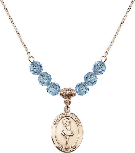 14kt Gold Filled Saint Christopher/Dance Birthstone Necklace with Aqua Beads - 8143