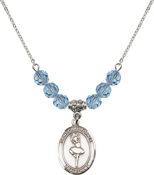 Sterling Silver Saint Christopher/Dance Birthstone Necklace with Aqua Beads - 8143