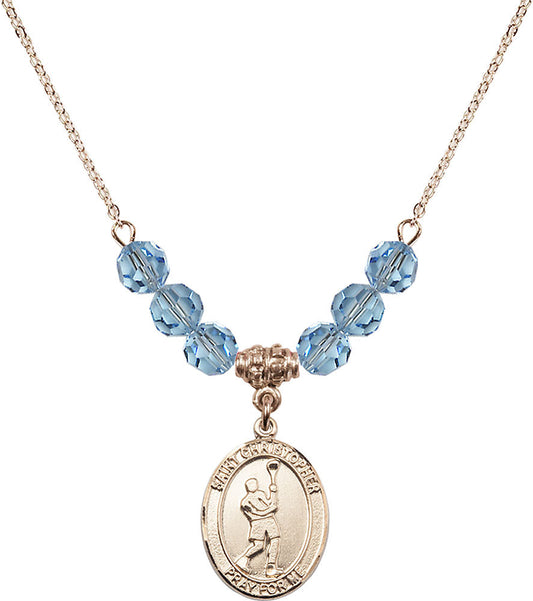 14kt Gold Filled Saint Christopher/Lacrosse Birthstone Necklace with Aqua Beads - 8144