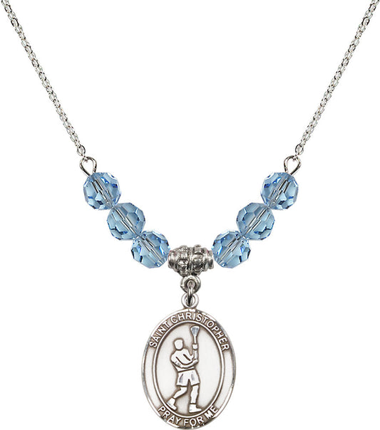 Sterling Silver Saint Christopher/Lacrosse Birthstone Necklace with Aqua Beads - 8144