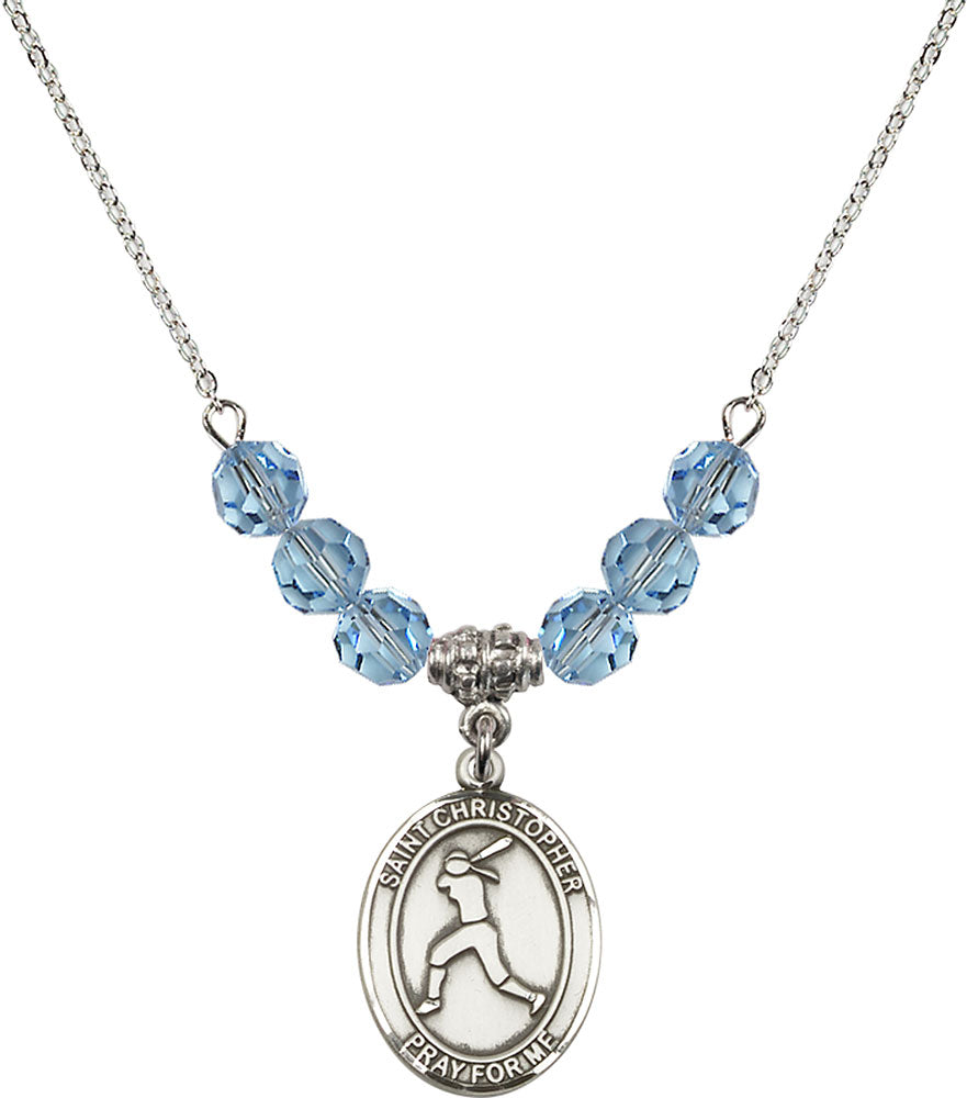 Sterling Silver Saint Christopher/Softball Birthstone Necklace with Aqua Beads - 8145