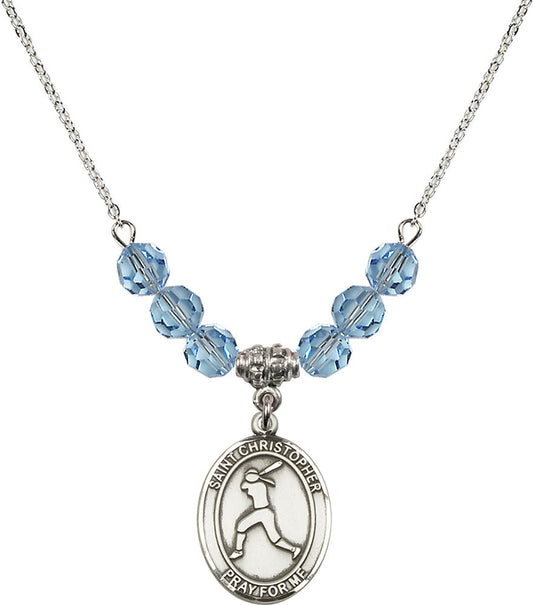 Sterling Silver Saint Christopher/Softball Birthstone Necklace with Aqua Beads - 8145