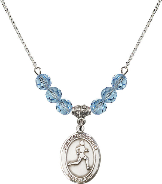 Sterling Silver Saint Christopher/Track & Field Birthstone Necklace with Aqua Beads - 8149