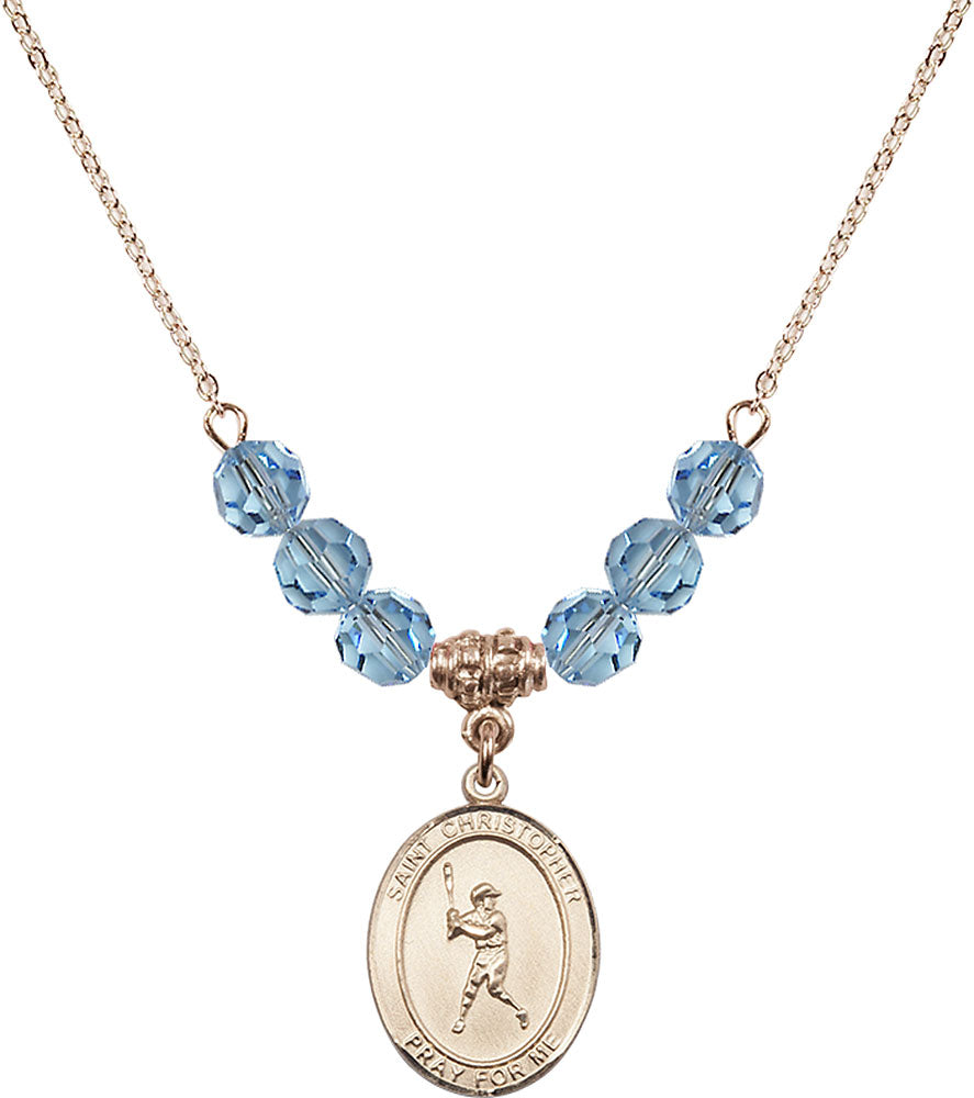 14kt Gold Filled Saint Christopher/Baseball Birthstone Necklace with Aqua Beads - 8150