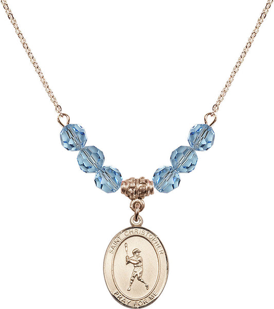 14kt Gold Filled Saint Christopher/Baseball Birthstone Necklace with Aqua Beads - 8150