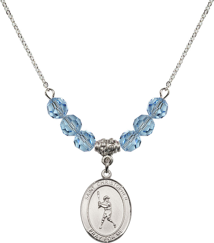 Sterling Silver Saint Christopher/Baseball Birthstone Necklace with Aqua Beads - 8150