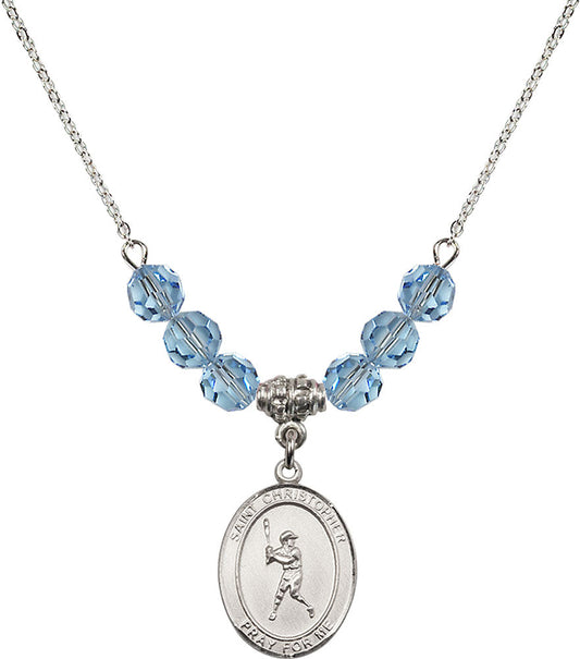 Sterling Silver Saint Christopher/Baseball Birthstone Necklace with Aqua Beads - 8150