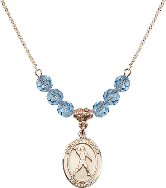 14kt Gold Filled Saint Christopher/Football Birthstone Necklace with Aqua Beads - 8151