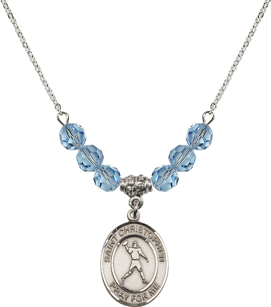 Sterling Silver Saint Christopher/Football Birthstone Necklace with Aqua Beads - 8151