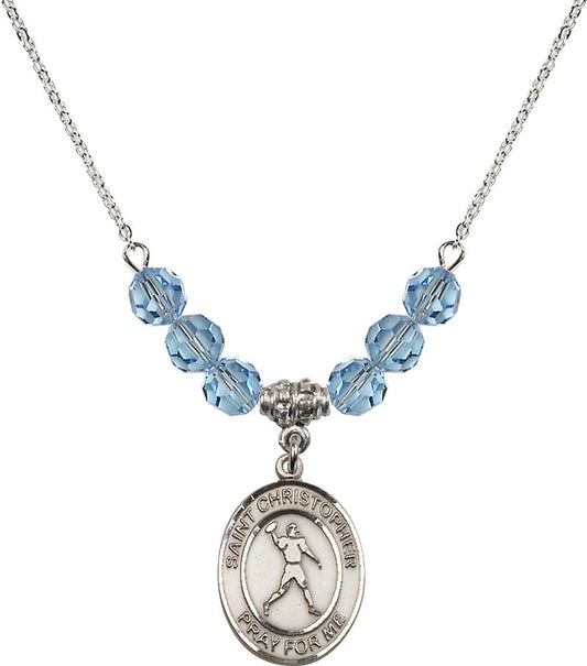 Sterling Silver Saint Christopher/Football Birthstone Necklace with Aqua Beads - 8151