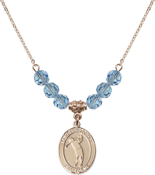 14kt Gold Filled Saint Christopher/Golf Birthstone Necklace with Aqua Beads - 8152