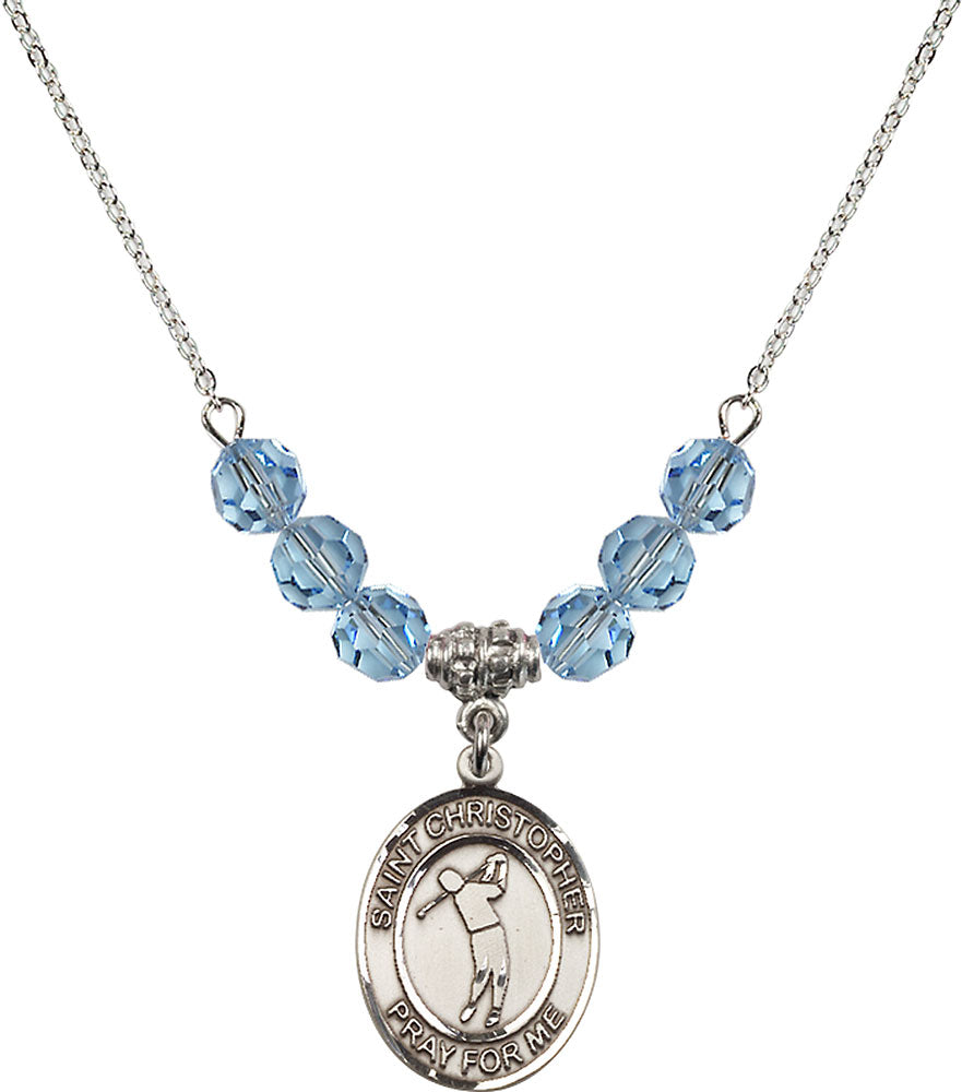 Sterling Silver Saint Christopher/Golf Birthstone Necklace with Aqua Beads - 8152