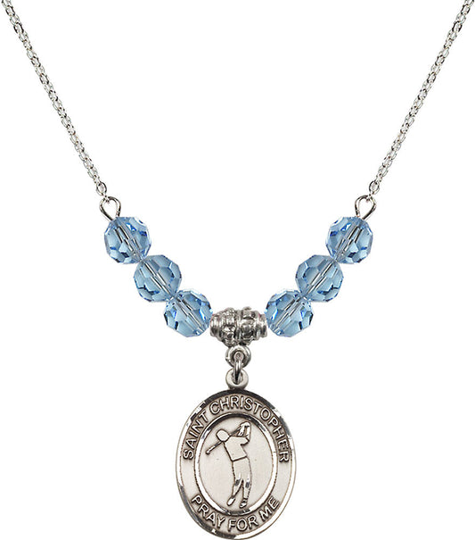 Sterling Silver Saint Christopher/Golf Birthstone Necklace with Aqua Beads - 8152