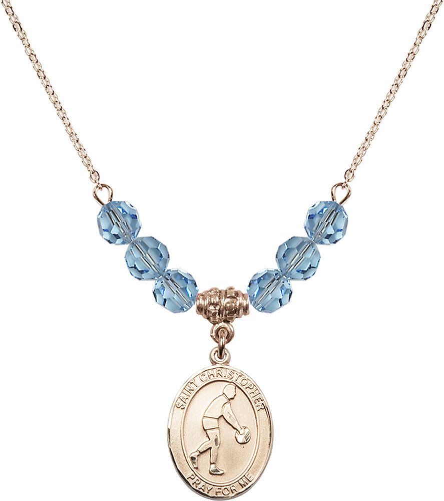 14kt Gold Filled Saint Christopher/Basketball Birthstone Necklace with Aqua Beads - 8153
