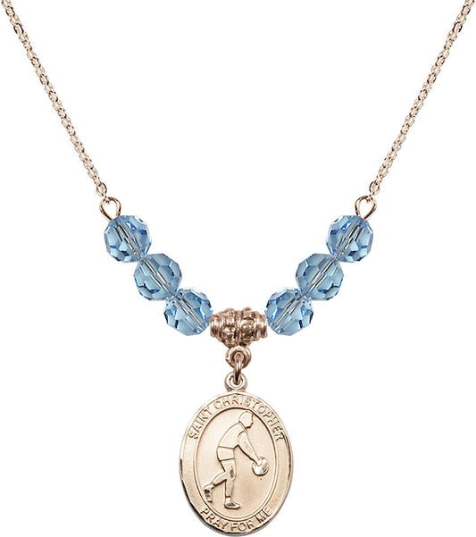 14kt Gold Filled Saint Christopher/Basketball Birthstone Necklace with Aqua Beads - 8153