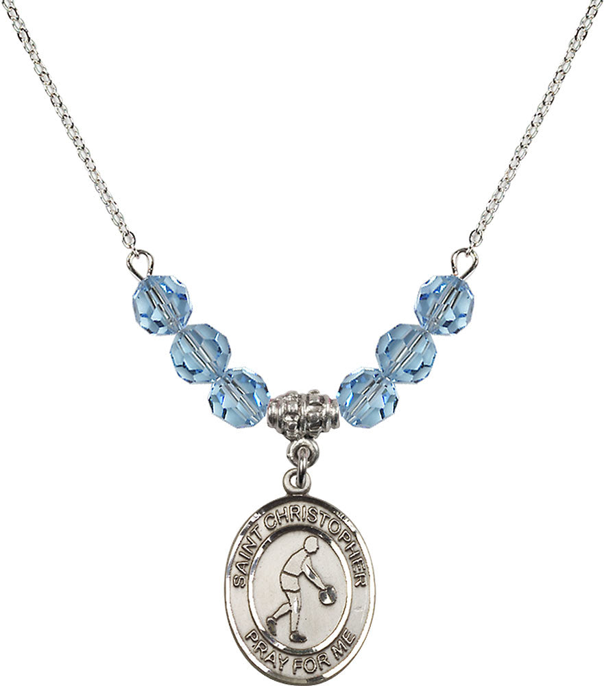 Sterling Silver Saint Christopher/Basketball Birthstone Necklace with Aqua Beads - 8153