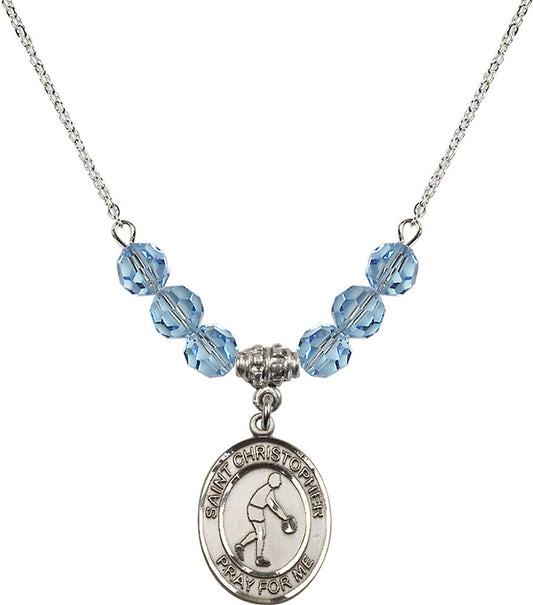 Sterling Silver Saint Christopher/Basketball Birthstone Necklace with Aqua Beads - 8153