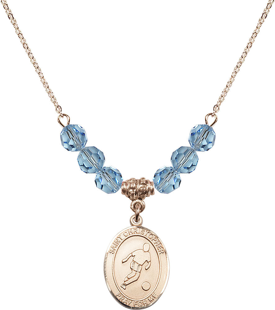 14kt Gold Filled Saint Christopher/Soccer Birthstone Necklace with Aqua Beads - 8154