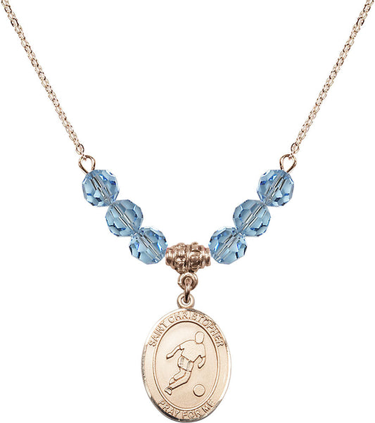 14kt Gold Filled Saint Christopher/Soccer Birthstone Necklace with Aqua Beads - 8154