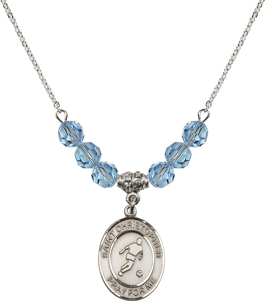 Sterling Silver Saint Christopher/Soccer Birthstone Necklace with Aqua Beads - 8154