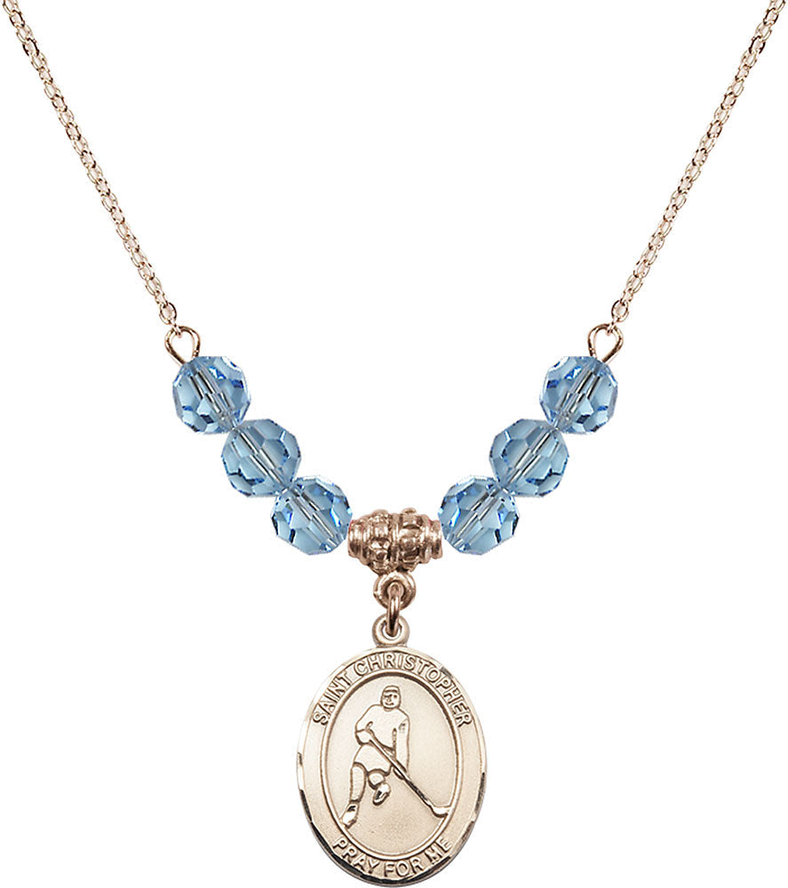 14kt Gold Filled Saint Christopher/Ice Hockey Birthstone Necklace with Aqua Beads - 8155