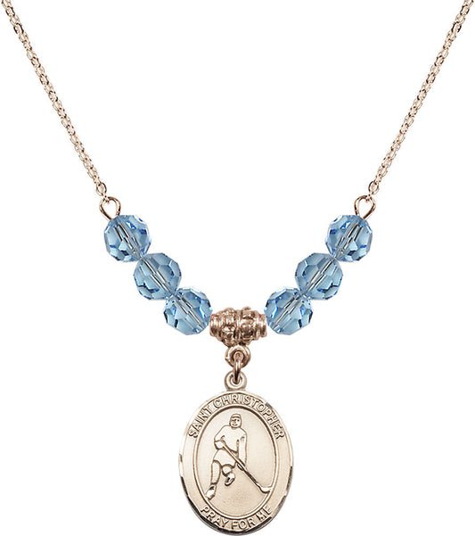 14kt Gold Filled Saint Christopher/Ice Hockey Birthstone Necklace with Aqua Beads - 8155