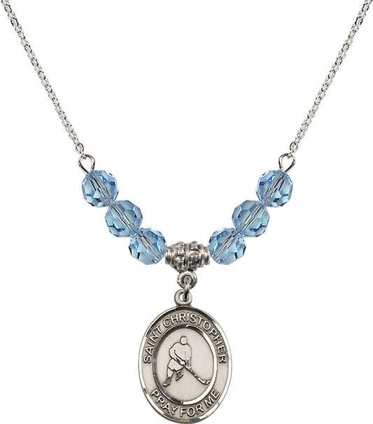 Sterling Silver Saint Christopher/Ice Hockey Birthstone Necklace with Aqua Beads - 8155