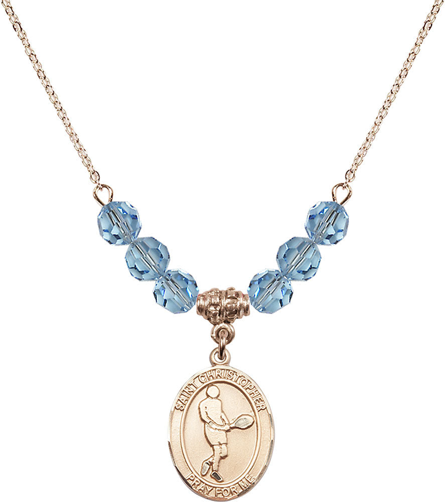 14kt Gold Filled Saint Christopher/Tennis Birthstone Necklace with Aqua Beads - 8156