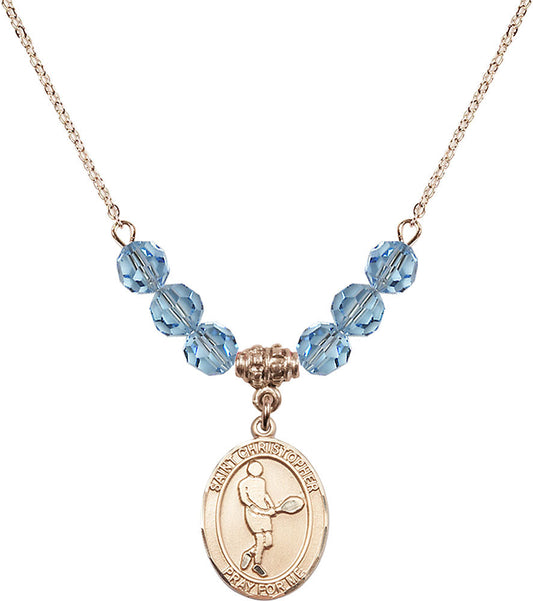14kt Gold Filled Saint Christopher/Tennis Birthstone Necklace with Aqua Beads - 8156