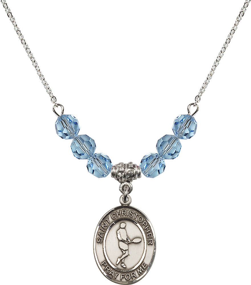 Sterling Silver Saint Christopher/Tennis Birthstone Necklace with Aqua Beads - 8156
