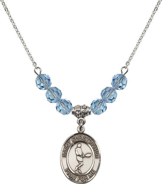 Sterling Silver Saint Christopher/Tennis Birthstone Necklace with Aqua Beads - 8156