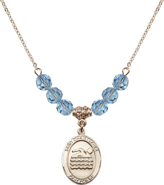 14kt Gold Filled Saint Christopher/Swimming Birthstone Necklace with Aqua Beads - 8157