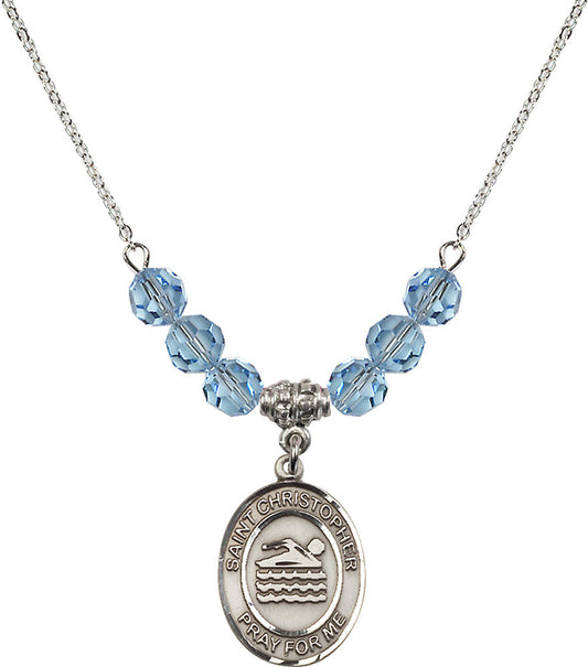 Sterling Silver Saint Christopher/Swimming Birthstone Necklace with Aqua Beads - 8157