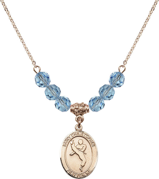 14kt Gold Filled Saint Christopher/Martial Arts Birthstone Necklace with Aqua Beads - 8158