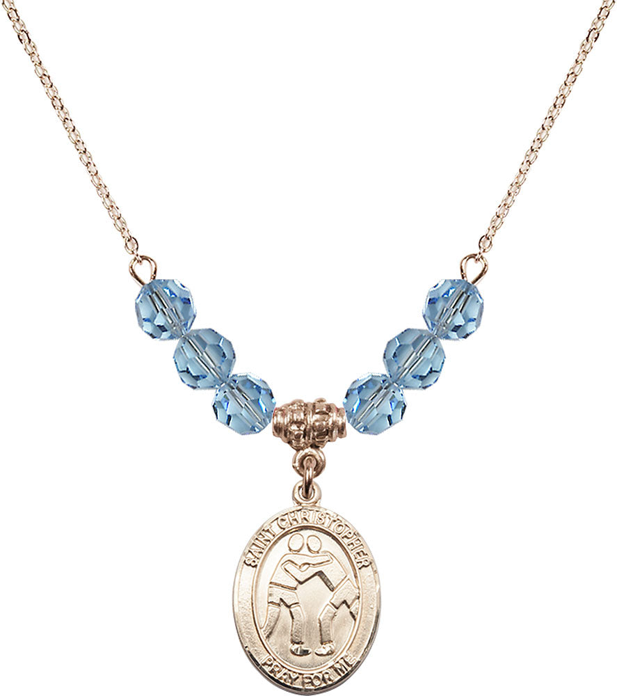 14kt Gold Filled Saint Christopher/Wrestling Birthstone Necklace with Aqua Beads - 8159