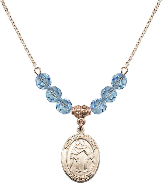 14kt Gold Filled Saint Christopher/Wrestling Birthstone Necklace with Aqua Beads - 8159