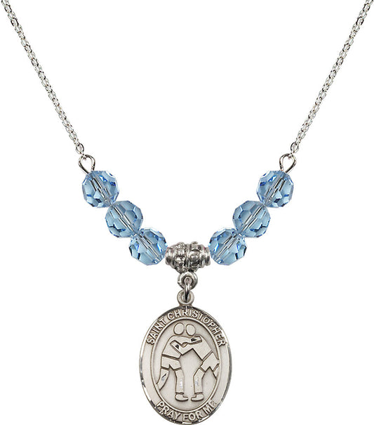 Sterling Silver Saint Christopher/Wrestling Birthstone Necklace with Aqua Beads - 8159