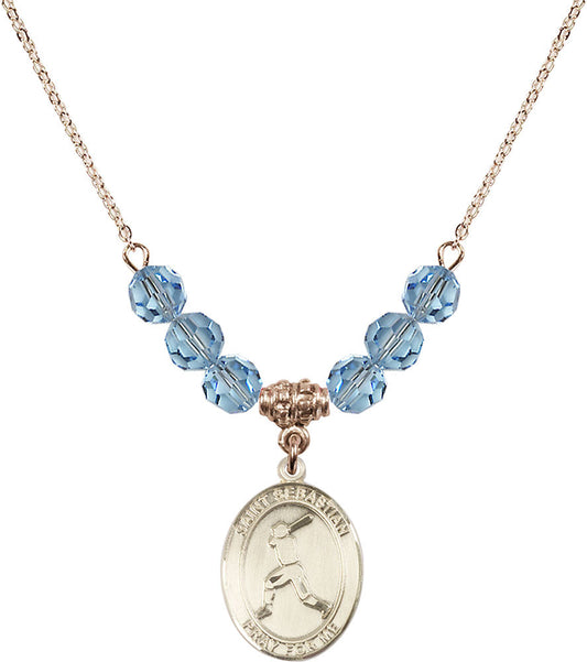 14kt Gold Filled Saint Sebastian/Baseball Birthstone Necklace with Aqua Beads - 8160