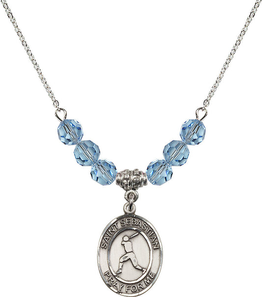 Sterling Silver Saint Sebastian/Baseball Birthstone Necklace with Aqua Beads - 8160