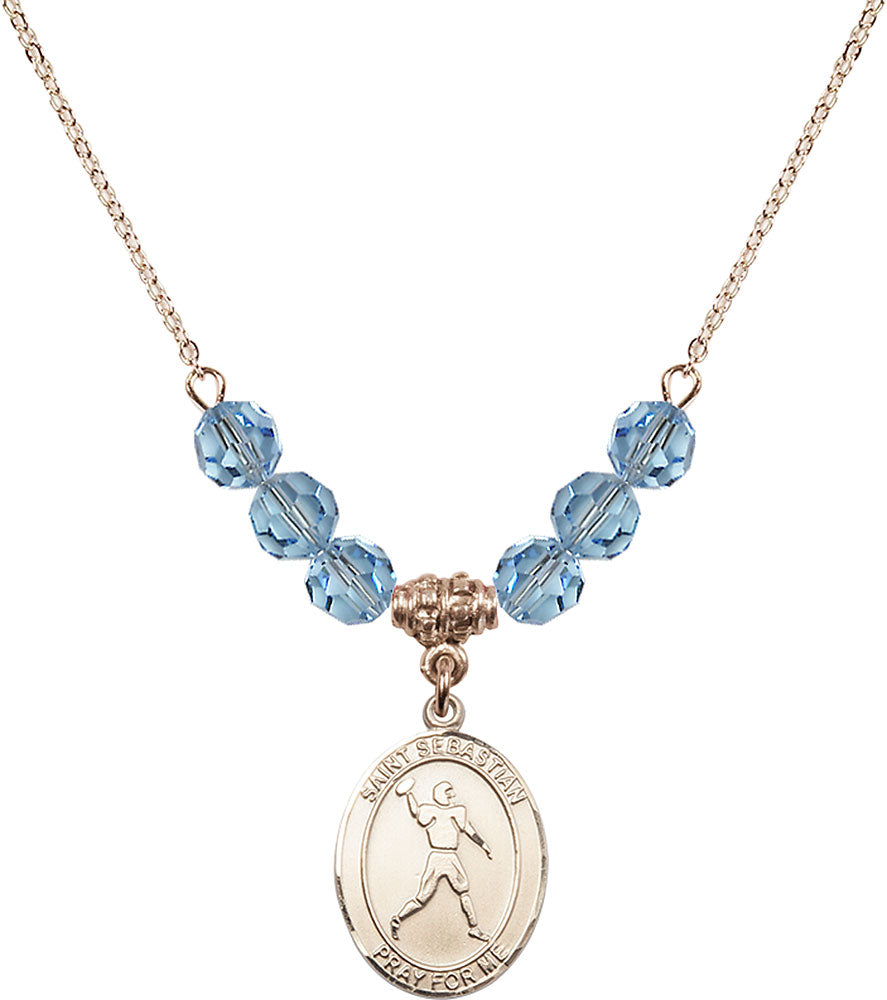 14kt Gold Filled Saint Sebastian/Football Birthstone Necklace with Aqua Beads - 8161