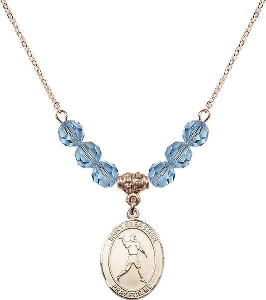 14kt Gold Filled Saint Sebastian/Football Birthstone Necklace with Aqua Beads - 8161