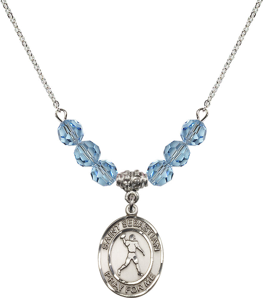 Sterling Silver Saint Sebastian/Football Birthstone Necklace with Aqua Beads - 8161