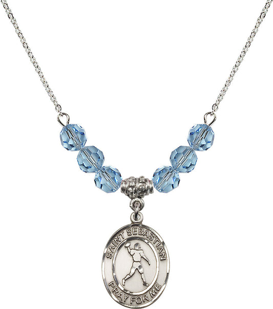 Sterling Silver Saint Sebastian/Football Birthstone Necklace with Aqua Beads - 8161