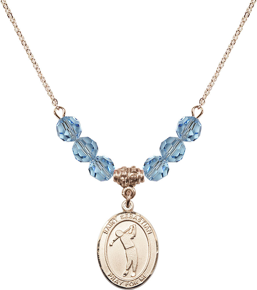 14kt Gold Filled Saint Sebastian/Golf Birthstone Necklace with Aqua Beads - 8162