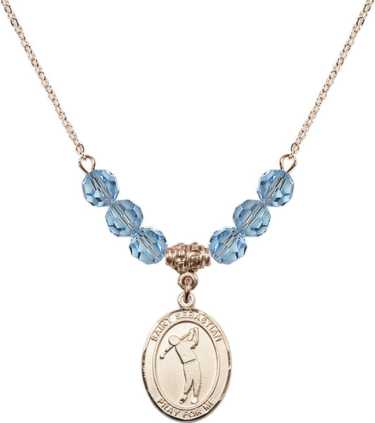14kt Gold Filled Saint Sebastian/Golf Birthstone Necklace with Aqua Beads - 8162