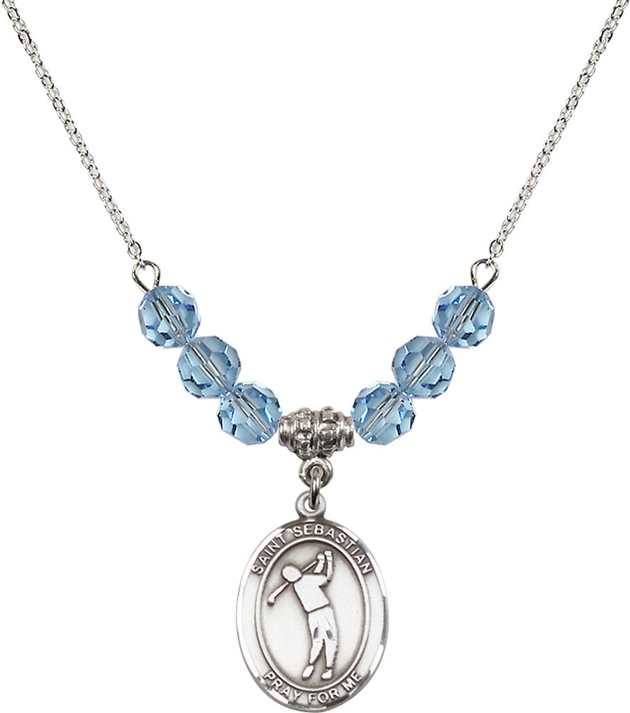 Sterling Silver Saint Sebastian/Golf Birthstone Necklace with Aqua Beads - 8162